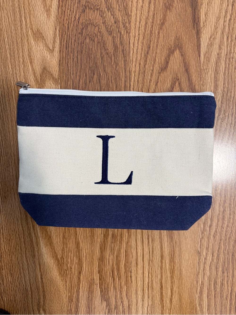 Striped Navy and Cream Toiletry Pouch with Monogram L